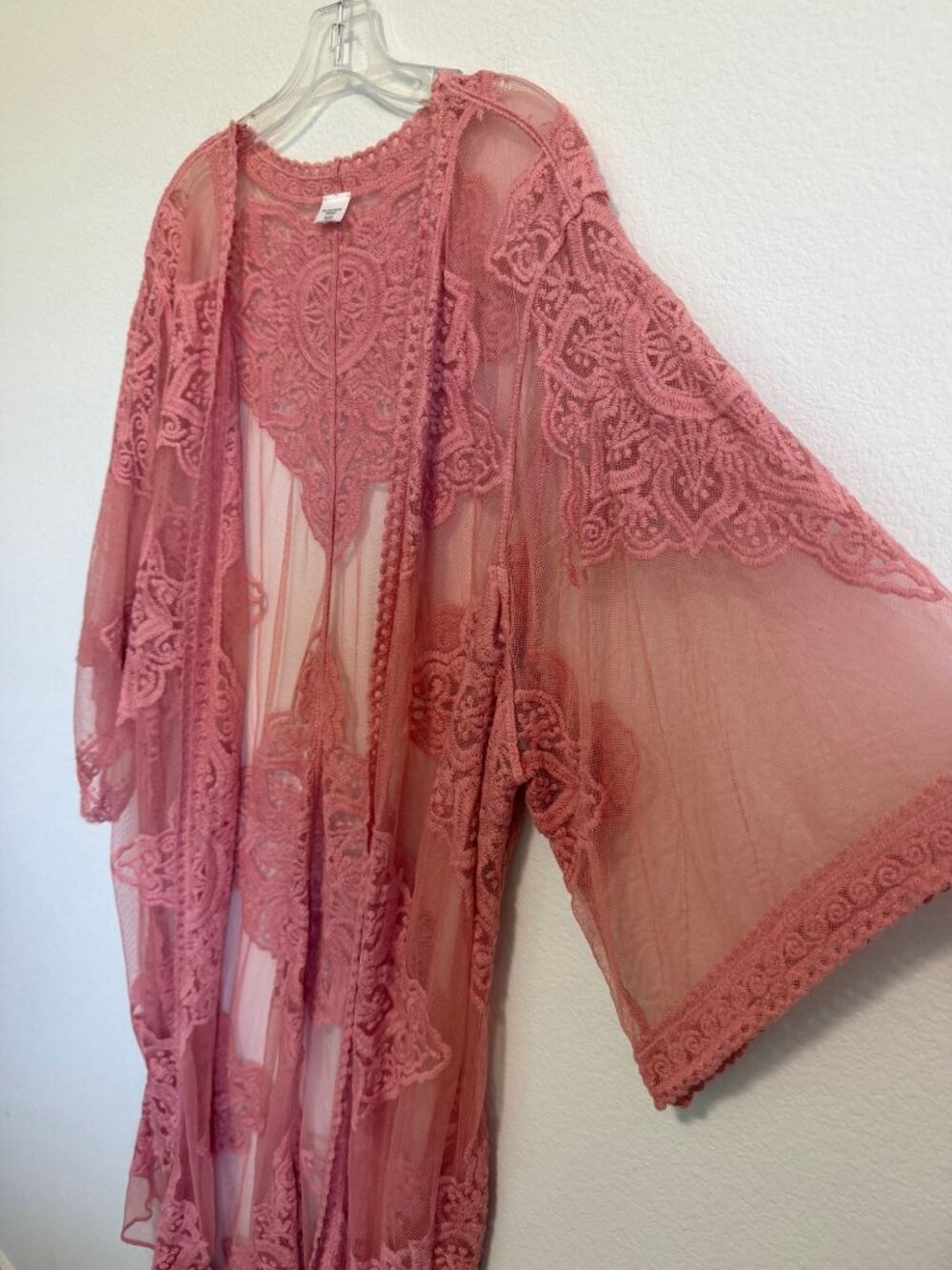 Peach Pink Cotton Blend 3/4 Sleeve Sheer Lace Open Front Duster Cover Up Size L? - Picture 5 of 7